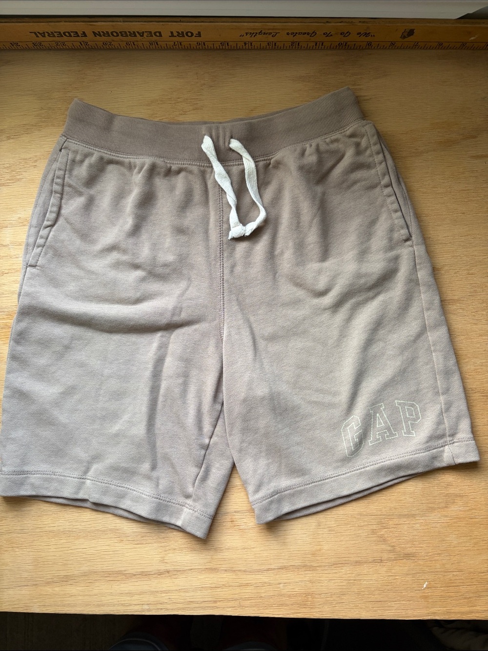 GAP Drawstring Athletic Shorts — Taupe with White Drawcord
